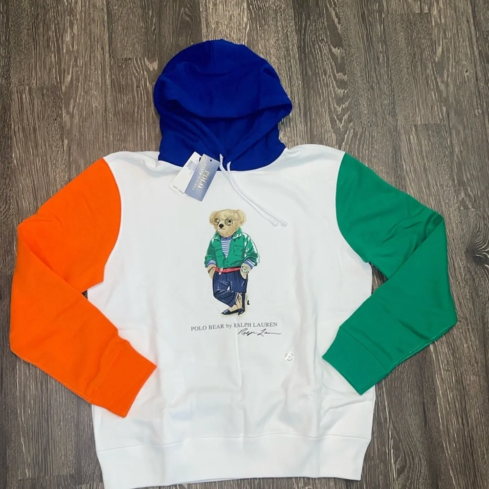 Polo Ralph Lauren Hoodie; Polo Bear -orange/green sleeves w/blue hood Size: L - Picture 1 of 7
